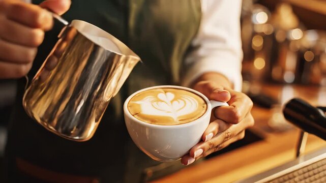 Barista pouring milk into coffee