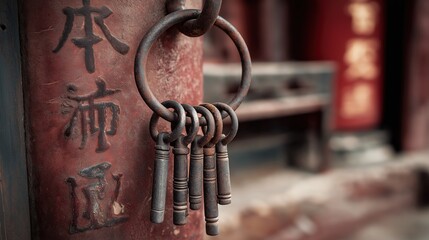 Rusty Key Ring on Temple Red Pillar