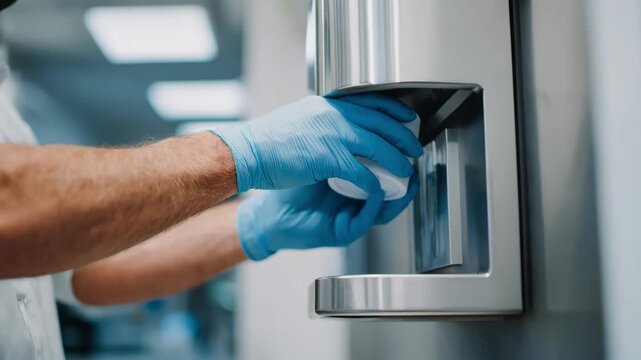 Medium shot of a specialist fixing an automatic pod detergent dispenser emphasizing pod insertion and sensor calibration.