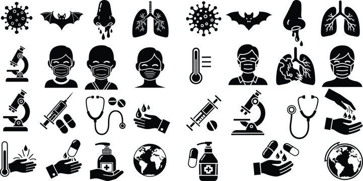Diverse collection of medical and hygiene icons illustrating health, disease, and essential prevention measures