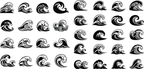 Fototapeta premium Diverse collection of ocean wave silhouettes capturing various forms from gentle ripples to powerful breaking surf