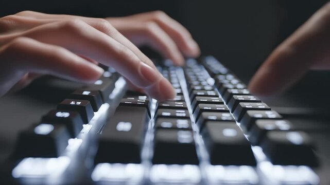 Hands typing on a backlit keyboard