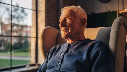 Elderly man relaxing in an armchair by a sunlit window, thinking and enjoying a quiet moment, for comfort, reflection, and serenity.