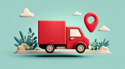 sflat style illustration of a delivery truck with a red location pin, symbolizing fast shipping, logistics, and modern e-commerce delivery on a clean digital background