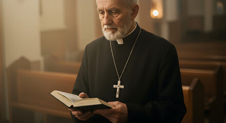 Portrait of elder Catholic clergyman. Christian priest in black clerical clothing with silver cross necklace and Bible book on hands in temple or church. Religious and traditional faith concept