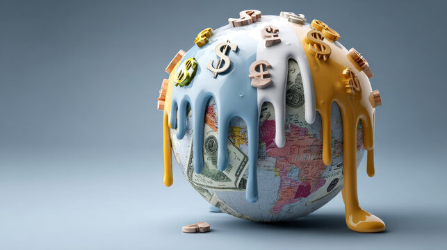 Currency weakness concept ,Melting globe currency symbol dripping paint world map finance economy colorful concept