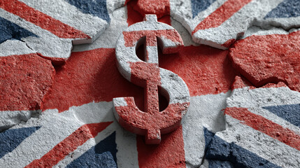 Currency weakness concept ,Union Jack flag dollar sign broken economic crisis financial currency red blue white dramatic