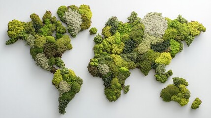 World map globe formed from green plants and moss symbolizing environmental sustainability, ecological balance, global nature connection, climate awareness, and harmony between humanity and the natura