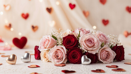 Romantic arrangement of red and pink roses with hearts and soft bokeh lighting