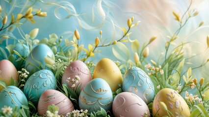 Ornate Pastel Easter Eggs in a Nest of Spring Flowers and Greenery