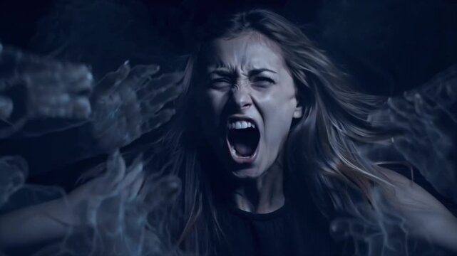 Cinematic 4K close-up woman screaming, suspended dark void, semi-transparent ghostly hands reaching towards her, swirling mist particle effects, dramatic lighting high contrast shadows skin expression