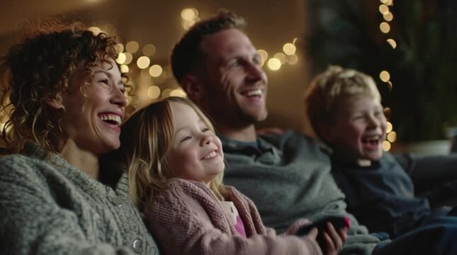 Joyful family sharing a cozy evening at home, watching a favorite show with pure happiness and laughter, creating cherished memories together