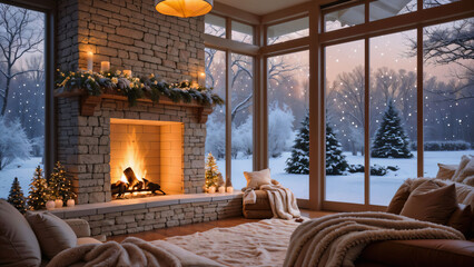 Warm and cozy Christmas living room with stone fireplace overlooking a snowy twilight scene.