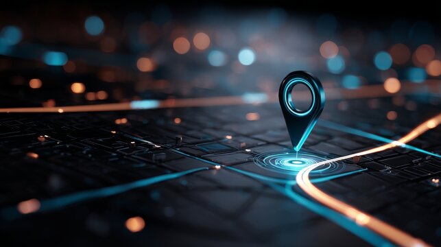 Glowing digital geolocation interface with gps navigation, tracking system highlighting location on interactive road map with pins, tags, and geo icons in futuristic technology environment - Powered by Adobe