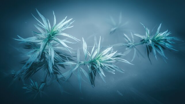 Serene, moody image of underwater plant life, suffused with a cool blue tint