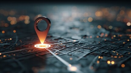 Glowing red location pin highlighting a point on a detailed digital city map, illustrating navigation, gps tracking, urban exploration, travel planning, and geolocation technology