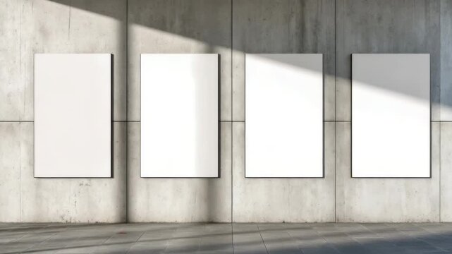 Blank white canvases displayed on a concrete wall in a modern gallery, showcasing a gradual shift in light and shadow across the surfaces for artistic presentation