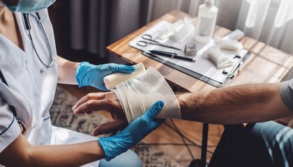 Dedicated medical professional in blue gloves carefully bandaging a patient's injured arm, highlighting first aid, healthcare, and compassionate treatment in a clinical setting.
