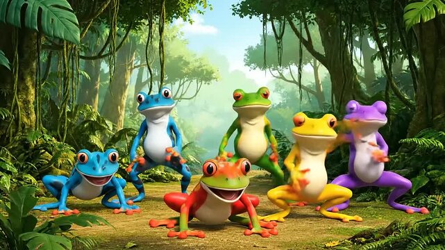 A whimsical scene of six colorful cartoon frogs gathered in a lush, sun-dappled jungle, ready for an adventure