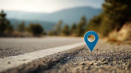 Blue map location pin icon showing navigation route, gps direction marker for travel guidance, destination positioning and digital mapping conce