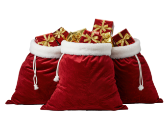 Three luxurious crimson velvet santa sacks trimmed with plush white fur, overflowing with metallic red and gold gifts, isolated on a transparent background. Traditional christmas luxury concept