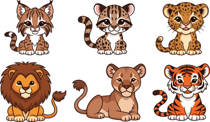 Cute Wild Cat Character Set Featuring Baby Lion, Tiger, Leopard, Cheetah, Lynx, and Cougar Illustrations. © MstSuborna