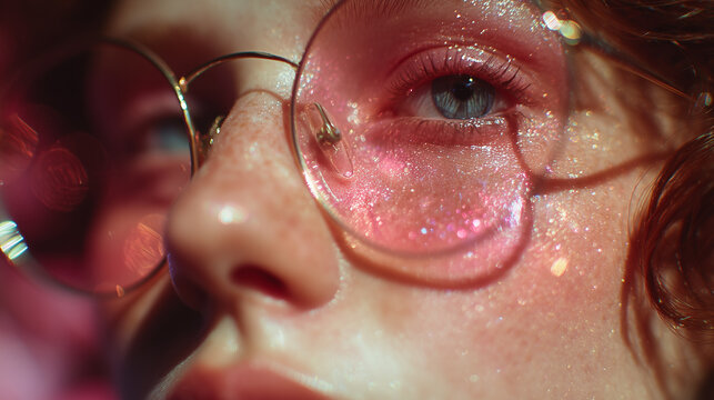 Macro portrait of a woman wearing glasses with pink reflections and glitter on skin, soft light, dreamy atmosphere.
