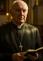 Close up portrait of Catholic clergyman. Christian priest in black clerical clothing with silver cross necklace and Bible book on hands in temple or church. Religious and traditional faith concept