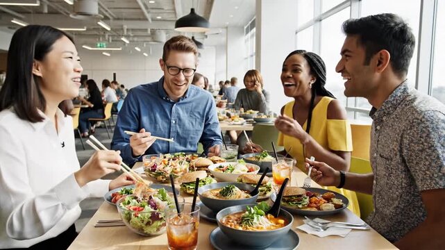 Diverse colleagues enjoy lunch break together in modern office cafeteria