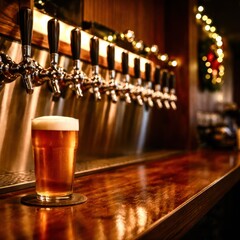A glass of beer sits on a coaster on a wooden bar counter
