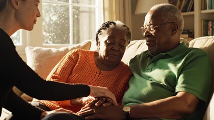 Caregiver assisting elderly couple on couch - Powered by Adobe