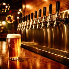 A glass of beer sits on a coaster on a wooden bar counter