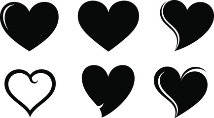 Stylized heart icons, black silhouette set, emotional symbols, love concept, artistic variations, romantic design, vector illustration pack