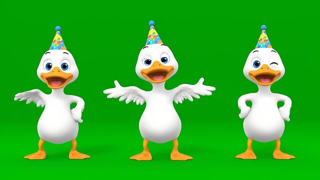 Animated trio of adorable duck characters wearing festive party hats, celebrating joyfully against a vibrant green screen background, perfect for playful content and cheerful promotions