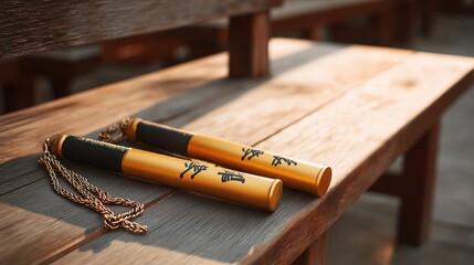 Golden Nunchaku Resting on Wooden Bench