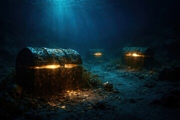 A dark, murky underwater scene with three chests of treasure