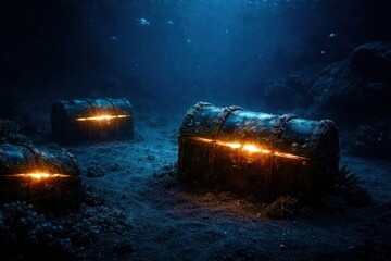 A dark, murky underwater scene with three chests of treasure