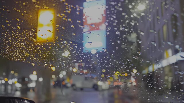 Rain-soaked car window reveals vibrant city lights and billboards, showcasing the dynamic urban nightlife as droplets cascade down the glass surface, capturing the essence of a rainy evening