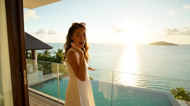 Woman in white dress in hotel room with ocean view