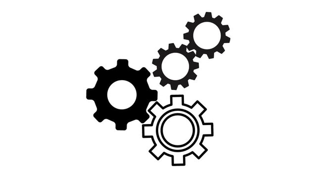 Seamless loop animation of four interlocking gears rotating. Black and white cogwheel mechanism representing settings, data processing, and loading. Isolated on transparent background (Alpha Channel).