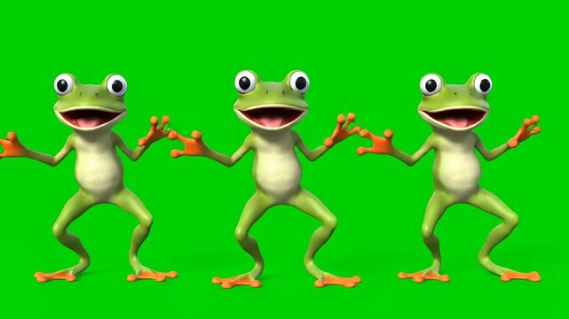 Three lively animated green frogs joyfully dancing and posing with wide smiles on a vibrant green screen background, perfect for compositing