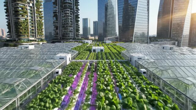 Urban rooftop greenhouses with city skyline