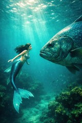 A mermaid swims in the ocean next to a large fish