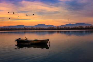Fishing Boat at Sunset with Birds &mdash; Kerkini, Northern Greece