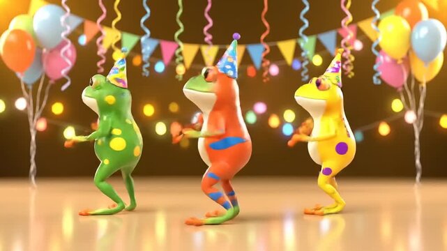 Three adorable cartoon frogs in party hats dancing joyfully at a festive celebration with balloons and string lights