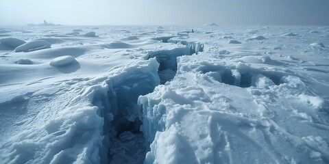 Emotional pain windscape Vast polar ice field with deep crevasses showing melting glaciers climate change global warming and fragile frozen environment