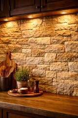A kitchen counter with a vase of herbs