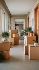 Moving day scene with cardboard boxes packed and plants. Ideal for eco-friendly moving themes and home relocation.