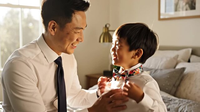 Man helping boy with bow tie