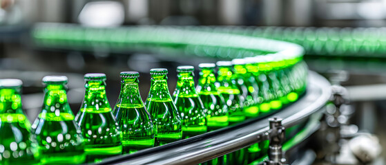 Green glass mineral water bottles move smoothly on a shiny stainless steel conveyor belt under bright lights, showcasing modern beverage production in action